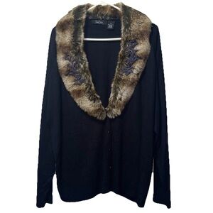 Crystal Kobe 2XL Vintage Black Cardigan w Beaded Faux Fur Collar